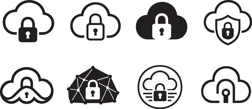 A grid of minimalist logos using a cloud with a security concept as the core