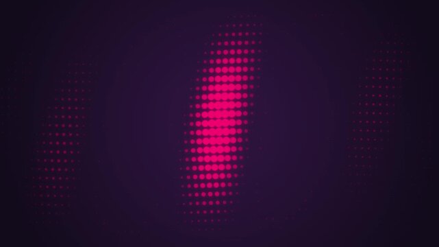 Abstract halftone dot wave background with magenta glowing particles moving across dark purple atmosphere in loop.