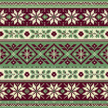 Nordic Knit Pattern: A traditional Nordic-inspired knitted pattern featuring intricate snowflake and floral motifs in deep red, cream, and forest green hues.
