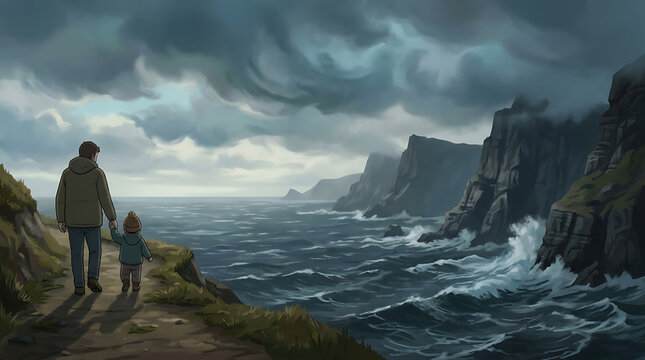 Father and child walk a rugged coastal path, observing a stormy sea and cliffs under a vast sky, a powerful image of connection and nature
