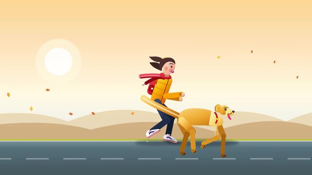 Happy young woman jogging with her energetic golden retriever dog on a paved road during a beautiful sunny day in flat vector style