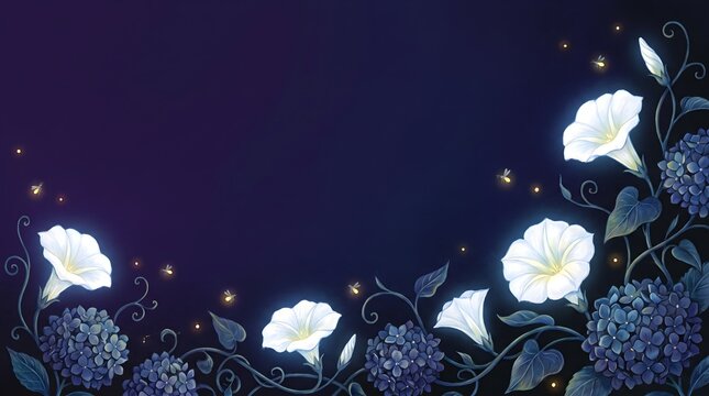 Moonflower blossoms and dark foliage background with moonflower botanical blooming background backdrop midnight twilight mystical ornamental