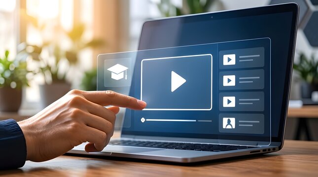 Hand interacting with a futuristic digital interface for online education and e-learning on a laptop screen, featuring video player and graduation cap icons for remote university and training courses.