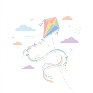 Colorful diamond-shaped kite with long flowing ribbons flying high in a light blue sky with soft pastel clouds and birds, vector illustration