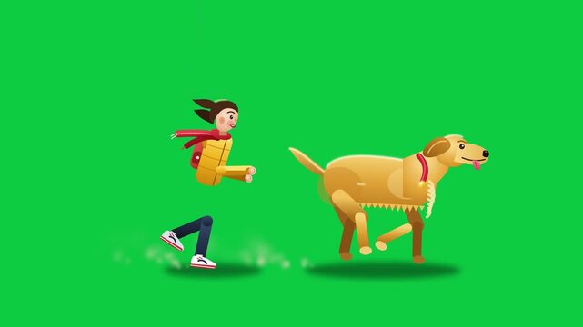 Flat vector animation of a young person running alongside a friendly golden dog on a vibrant green background for digital media