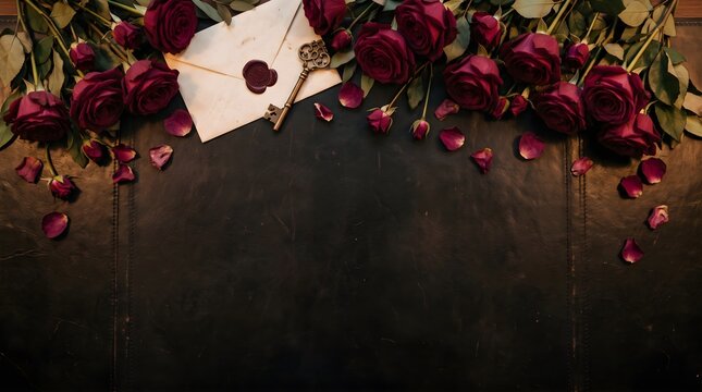 A sealed antique letter with a skeleton key surrounded by dark red roses on a wooden surface envelope romantic communication nostalgia background