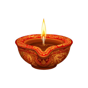 Traditional Indian Clay Diya Oil Lamp with Golden Flame Isolated on Transparent Background