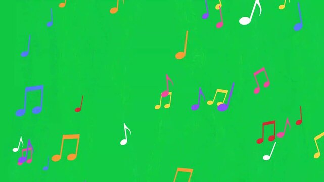 Colorful music notes floating up on green screen seamless loop