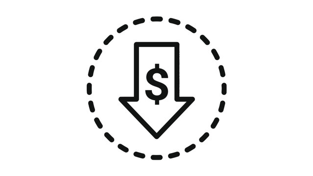 Minimalist dollar sign pointing downward inside a dashed circular border for financial reduction concepts
