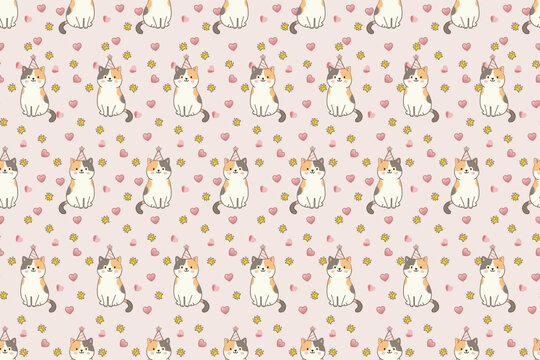 Seamless vector pattern featuring cute cartoon calico cats wearing party hats with hearts and stars on a pink background. 
