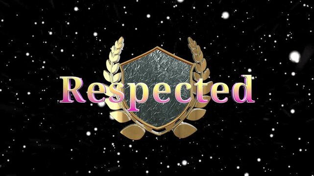 Three golden shields with the word respected and laurel wreaths against a dark starry background with respected written gradient illustration