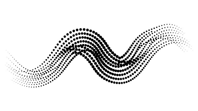Sinuous wave graphic consisting of graded black circles on a white background with a fluid s-sh