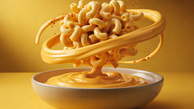 A swirling vortex of creamy orange cheese sauce envelops a mound of golden macaroni pasta, which is then pouring into a white bowl, creating a dynamic and appetizing visual against a warm yellow
