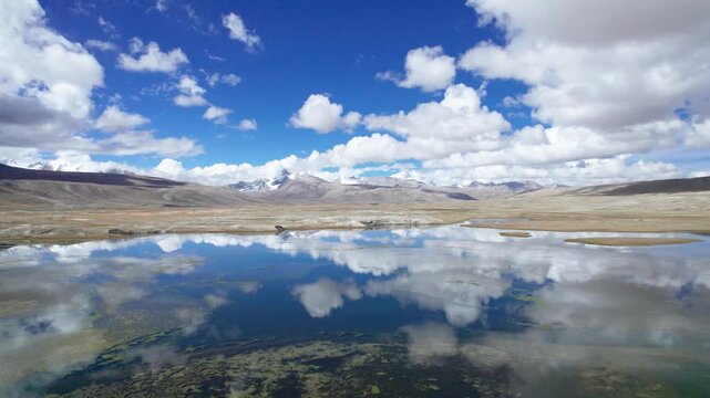 Peaceful snow mountains and reflections on blue lake, beautiful landscape of peaceful Lake&zwnj;&zwnj; in the western Himalayas, Xizang, China. 4k real time footage travel concept b roll shot.