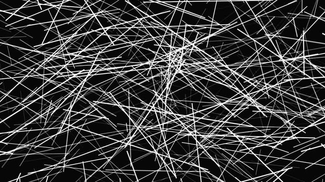 Chaotic white lines intersect across a solid black background, creating geometric texture suitable for abstract designs, posters, wallpapers, and backdrops.