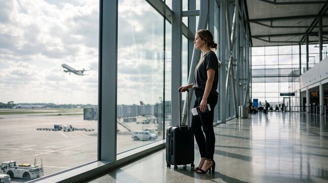 Woman standing in an airport terminal with a suitcase, looking out the window at a plane taking off, waiting for her flight