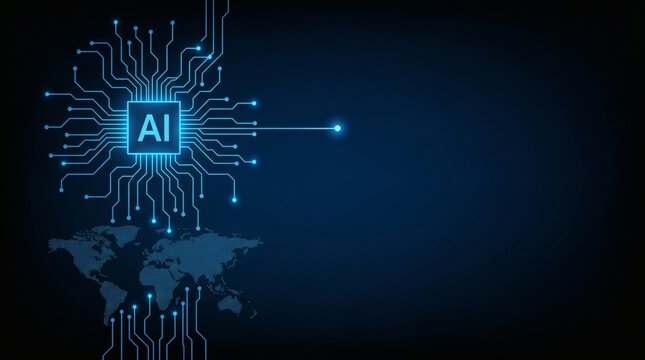 Artificial Intelligence AI Chip Concept with Glowing Circuit Lines and Global Dotted World Map Background, Representing Future Digital Technology, Machine Learning, and Worldwide Data Network