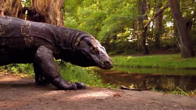 Asian water monitor lizard walking along riverbank in lush tropical jungle
