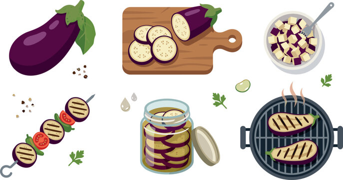 Fresh Eggplant Cooking Vector Set with Sliced Aubergine, Cutting Board, Pickled Jar, Grilled BBQ Slices, and Skewer Elements