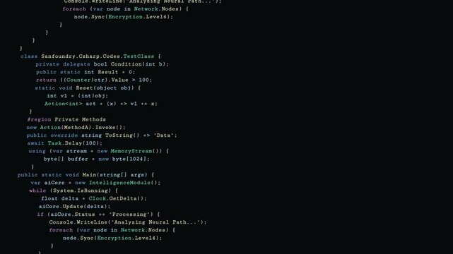 Scrolling C# Programming Code on Dark Screen with Syntax Highlighting