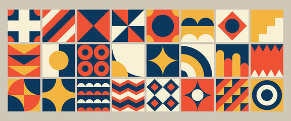bauhaus mid century modern geometric tile collection, 1970s groovy abstract shapes surface graphic, vintage retro modular symbols vector banner, warm terracotta navy blue wall decor artwork, stylish b © Geetaroy