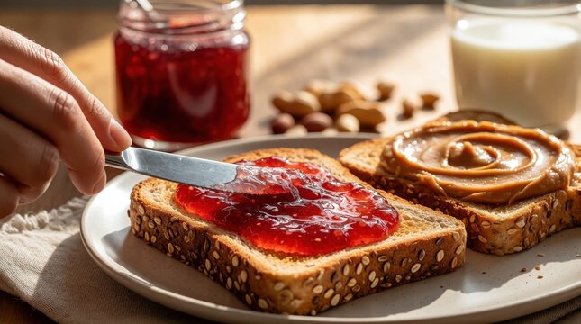 Close up of hand spreading red strawberry jam on crispy multigrain toast. Two slices of bread with peanut butter, fruit preserve on plate. Breakfast meal with milk glass, nut jar on wooden table in
