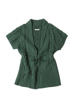 Forest Green Cable Knit Short Sleeve Cardigan with Waist Tie