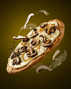 A gourmet mushroom flatbread pizza with melted cheese and herbs, captured in a dynamic pose with falling mushroom slices and a sauce drizzle against a textured olive green backdrop