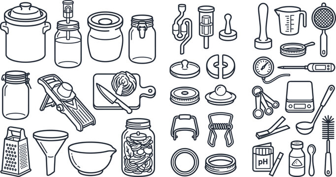 Home Fermentation and Canning Vector Icon Set with Hand Drawn Kitchen Tools Mason Jars Airlocks Mandoline Slicer Scale and Pickle Making Equipment