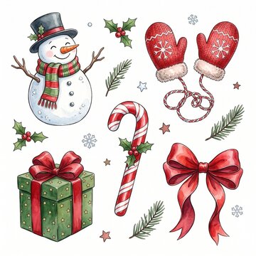 Watercolor christmas elements set with snowman candy cane gift box