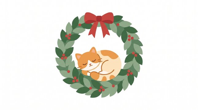 Cute ginger cat sleeping inside a festive christmas wreath with red