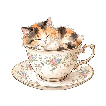Cute calico kitten sleeping inside a vintage floral teacup on a
