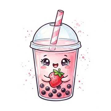 Cute strawberry boba tea illustration with kawaii character holding