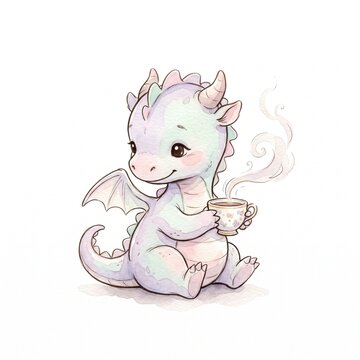 Cute baby dragon holding a steaming teacup in a whimsical watercolor