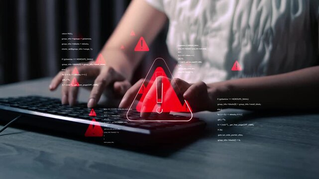 Cybersecurity system warning with digital alert icons and error notifications, cyber risk, data breach prevention, system monitoring, threat detection, and IT security management.
