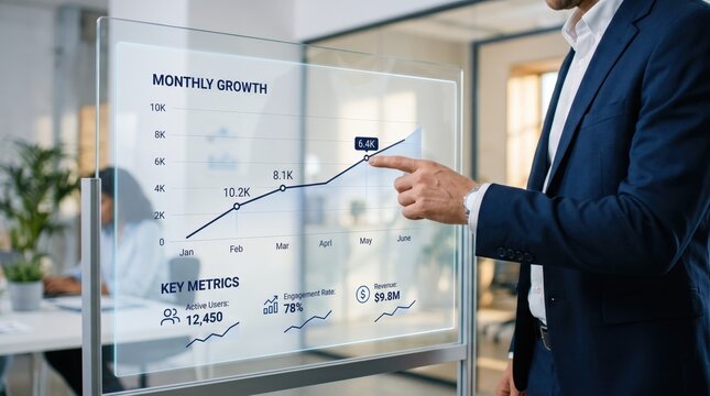 Smart glass display showing monthly growth charts and key metrics like active users revenue and engagement rate being pointed at by a businessman analyzing performance data in a
