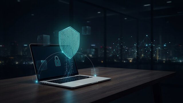 This image is an AI-generated digital illustration representing cybersecurity and data protection, featuring a laptop with a glowing holographic shield displaying the word SECURE and a padlock