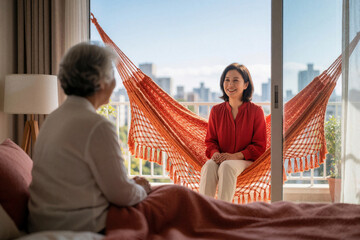 Fototapeta premium Happy adult daughter sits in orange hammock on balcony talking to elderly mother in bedroom. Mature woman smiles during conversation with senior parent. Family bonding, care at home with city view