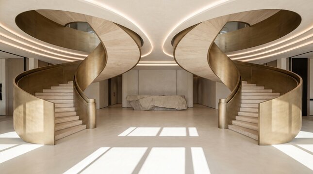 Majestic double spiral staircases featuring elegant metallic gold railings and smooth beige stone steps located inside a luxurious contemporary hotel lobby with soft recessed ceiling lighting and brig