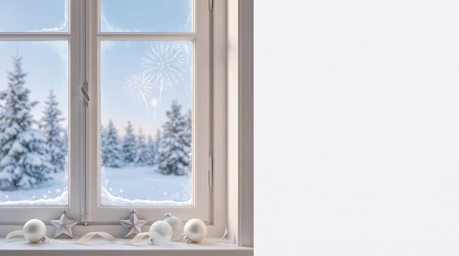Winter window view displays snowy fir trees and distant fireworks on a clear night