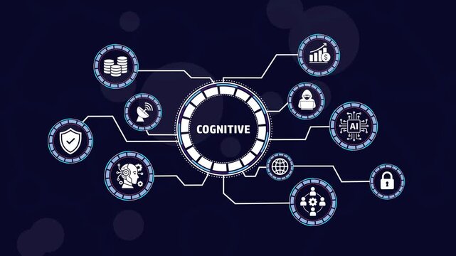 Advanced cognitive computing and artificial intelligence network infographic featuring interconnected digital representing machine learning, cybersecurity, data analytics, and global connectivity
