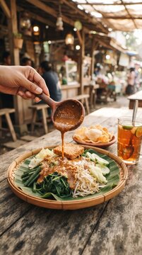 Hand pouring peanut sauce over vegan Indonesian pecel vegetable salad on banana leaf at village warung table