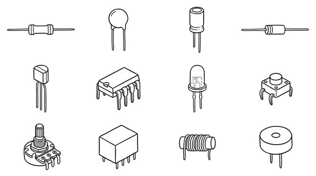 Isometric Electronic Components Line Vector Icons Set Including Resistor Capacitor Transistor Integrated Circuit LED Potentiometer Switch