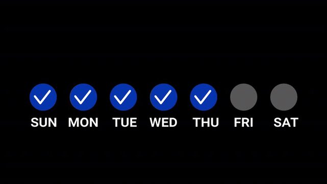 7 days complete task checklist animation on transparent background, digital weekly journal achievement icon animated.
