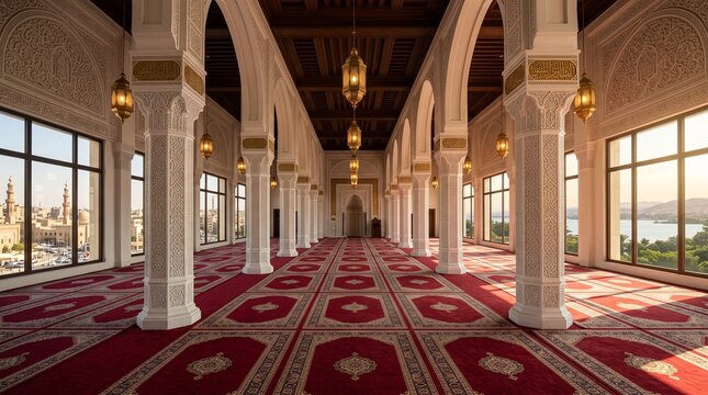 Empty Mosque Interior at Evening with City View on Left and Lake View on Right, Islamic Architecture
