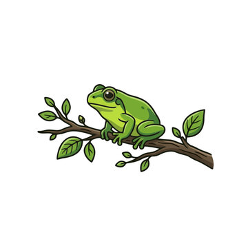 Cute green tree frog sitting on a branch - vector illustration