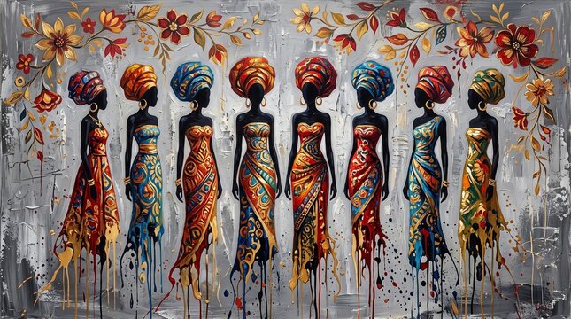 Painting of African women in colorful traditional dresses and headwraps