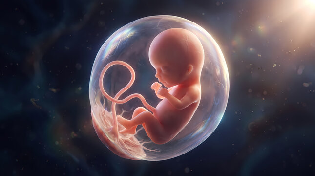 A developing human fetus floats peacefully inside the womb during early stages of pregnancy as life begins to take shape within the protective amniotic sac under gentle light within the mother