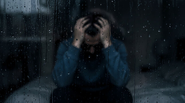 A distressed man sits inside a dark room near a rainy window while reflecting on his deep emotional suffering and psychological pain during an extremely difficult period of his grieving daily