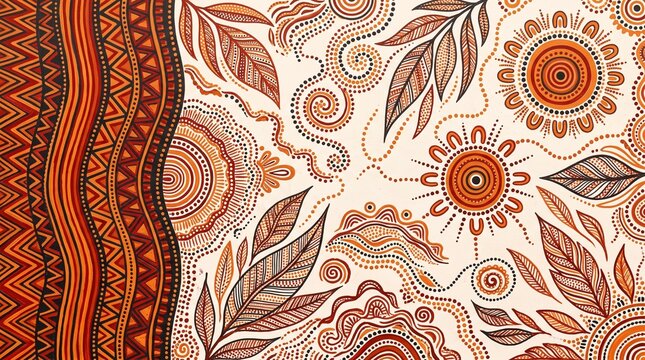 Traditional Aboriginal Dot Art with Earthy Tones and Leaves